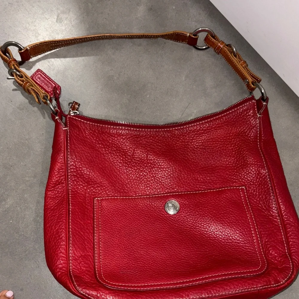Coach Red Pebbled Leather Shoulder Bag with Front Pocket - Picture 7 of 9